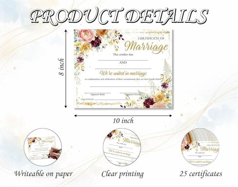 Certificate of Marriage, 25 Pcs Gold Foil Floral Wedding Certificate for Women Men, Proposals Wedding Bridal Shower Ceremony Party Decorations Favors Supplies, 12 in Saudi Arabia