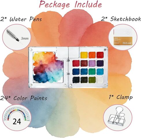 Mini Watercolor Travel Set - 24 Colors Travel Watercolor Kit with 2 Sketchbooks & 2 Water Brushes & Copper Clip, Magnetic Folding Palette for Outdoor Painting, Artists and Painting Enthusiasts in Saudi Arabia