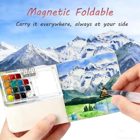 Mini Watercolor Travel Set - 24 Colors Travel Watercolor Kit with 2 Sketchbooks & 2 Water Brushes & Copper Clip, Magnetic Folding Palette for Outdoor Painting, Artists and Painting Enthusiasts in Saudi Arabia