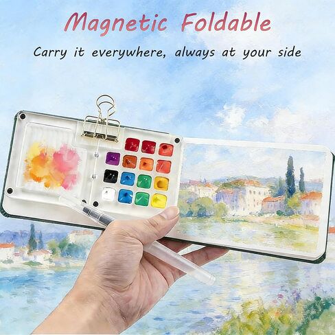 Mini Watercolor Travel Set - 24 Colors Travel Watercolor Kit with 2 Sketchbooks & 2 Water Brushes & Copper Clip, Magnetic Folding Palette for Outdoor Painting, Artists and Painting Enthusiasts in Saudi Arabia