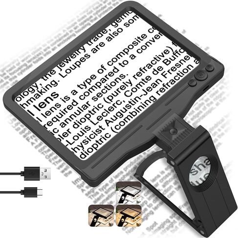 30X 6X Rechargeable Magnifying Glass for Reading, Large Full Page Magnifier with Folding Stand, 3 Color Light Modes, Dimmable LED Lighted, Hands Free Book Magnifier for Fine Prints Low Vision Seniors in Kuwait