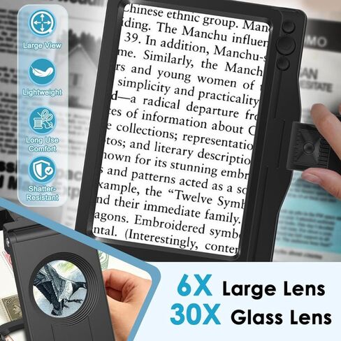 30X 6X Rechargeable Magnifying Glass for Reading, Large Full Page Magnifier with Folding Stand, 3 Color Light Modes, Dimmable LED Lighted, Hands Free Book Magnifier for Fine Prints Low Vision Seniors in Kuwait