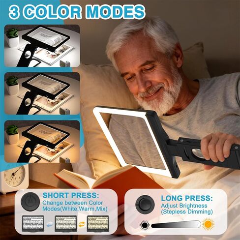 30X 6X Rechargeable Magnifying Glass for Reading, Large Full Page Magnifier with Folding Stand, 3 Color Light Modes, Dimmable LED Lighted, Hands Free Book Magnifier for Fine Prints Low Vision Seniors in Kuwait