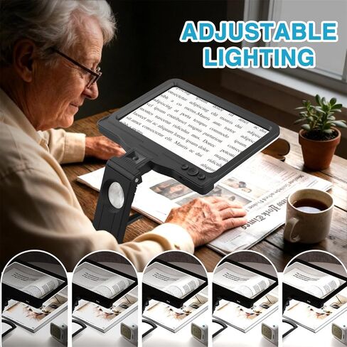 30X 6X Rechargeable Magnifying Glass for Reading, Large Full Page Magnifier with Folding Stand, 3 Color Light Modes, Dimmable LED Lighted, Hands Free Book Magnifier for Fine Prints Low Vision Seniors in Kuwait