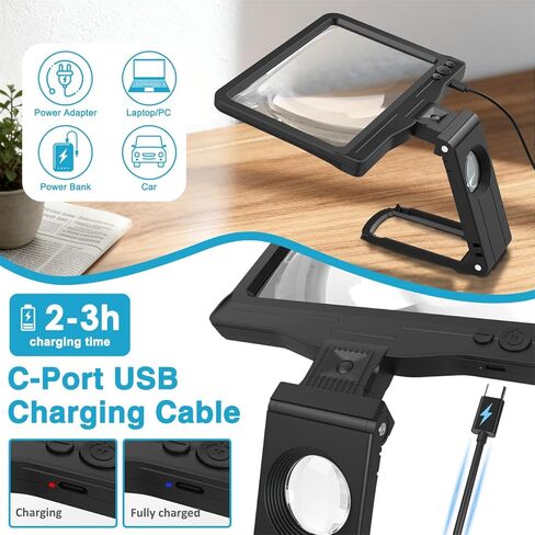 30X 6X Rechargeable Magnifying Glass for Reading, Large Full Page Magnifier with Folding Stand, 3 Color Light Modes, Dimmable LED Lighted, Hands Free Book Magnifier for Fine Prints Low Vision Seniors in Kuwait