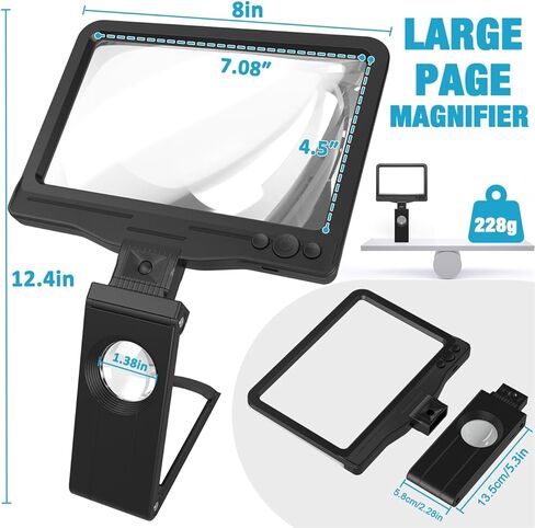 30X 6X Rechargeable Magnifying Glass for Reading, Large Full Page Magnifier with Folding Stand, 3 Color Light Modes, Dimmable LED Lighted, Hands Free Book Magnifier for Fine Prints Low Vision Seniors in Kuwait