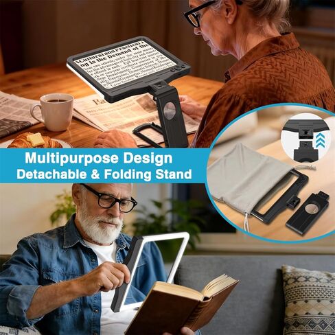 30X 6X Rechargeable Magnifying Glass for Reading, Large Full Page Magnifier with Folding Stand, 3 Color Light Modes, Dimmable LED Lighted, Hands Free Book Magnifier for Fine Prints Low Vision Seniors in Kuwait