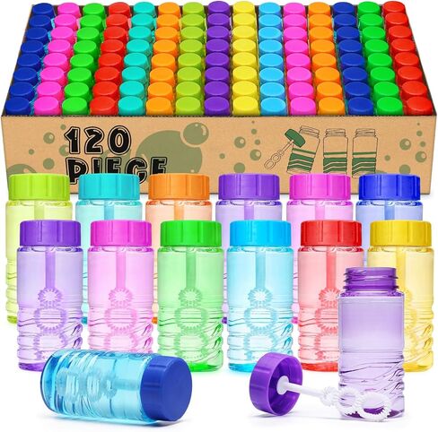 Bubble Solution Novelty Toy, 120 Pcs Neon Bubble Bottles Bulk with Wand Attached to the Cap – Kids Party Favor for Birthday, Carnival Prize Box Filler, Pinata Goody Bag Stuffers, Wedding Supplies Gift in Saudi Arabia