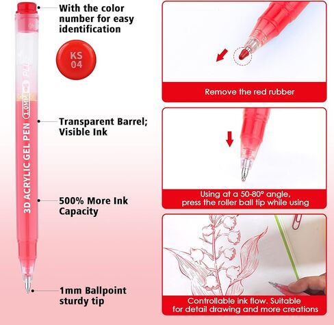 KEMYR 3D Acrylic Gel Pens,54 Colors Plus Inks Acrylic Paint Markers With 1.0 mm Bullet Tip Point, Acrylic Paint Pens for Black Paper,Rock Painting, Glass, Wood, Fabric,Cards,Scrapbook,DIY Art Crafts in Saudi Arabia