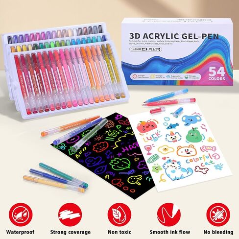 KEMYR 3D Acrylic Gel Pens,54 Colors Plus Inks Acrylic Paint Markers With 1.0 mm Bullet Tip Point, Acrylic Paint Pens for Black Paper,Rock Painting, Glass, Wood, Fabric,Cards,Scrapbook,DIY Art Crafts in Saudi Arabia