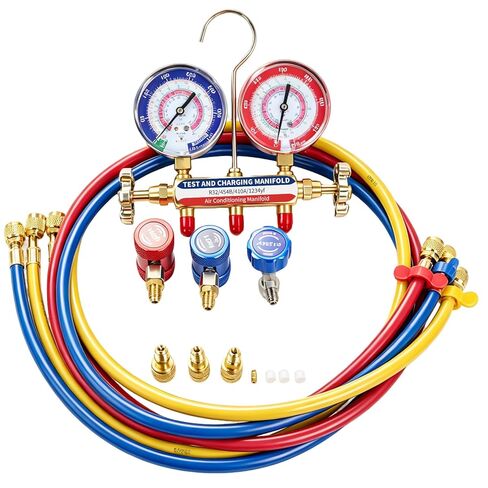 42201 Manifold Gauge Set, 3-1/8" (80mm) Anti Vibration Gauges, 60" Y/R/B Hoses with Compact Ball Valves, 1/4" Fittings, 2 Valve, 6 Dust Plugs, for HVAC Test and Charging of R-22, R-404A, R-410A in Kuwait