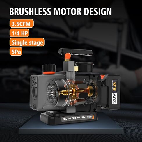 مضخة فراغ لاسلكية مع مقياس الضغط، 3.5CFM 20V بطارية ليثيوم DC مرحلة واحدة، 5Pa Ultimate Vacuum، 1/4HP محرك بدون فرش لمكيف الهواء المبرد HVAC in Kuwait
