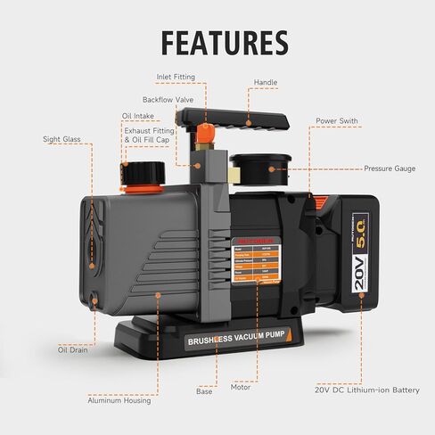 مضخة فراغ لاسلكية مع مقياس الضغط، 3.5CFM 20V بطارية ليثيوم DC مرحلة واحدة، 5Pa Ultimate Vacuum، 1/4HP محرك بدون فرش لمكيف الهواء المبرد HVAC in Kuwait