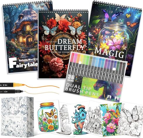 36 Dual Tip Colors Marker with 3pcs Adult Coloring Book for Women Relaxation, Spiral Bound Mindfulness Coloring Book with 36 Dual Tip Colors Marker, Anxiety Relief Gifts for Women - 72 Patterns in Saudi Arabia