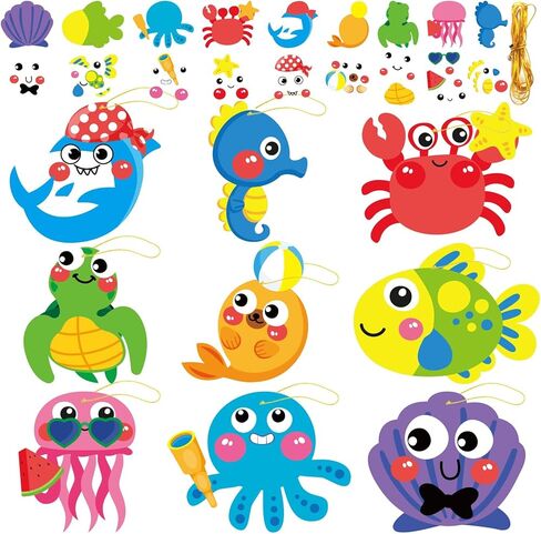 Qyeahkj 27 Sets Summer Under the Sea Craft Kits Kids DIY Ocean Sea Animal Craft Preschool Art Craft Project, Make Your Own Ocean Animal Bulk Set for Home Classroom Day-Care Game Activities in Kuwait