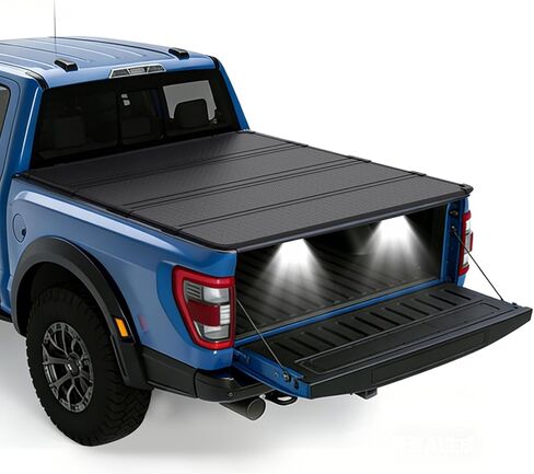 غطاء تونيو رباعي الطي من OSIAS لسيارة Ford F-150 بطول 5.5 قدم طراز 2015-2026 - غطاء سرير شاحنة من الألومنيوم مقاوم للماء مع ضوء LED، أسود لامع شديد التحمل in Kuwait