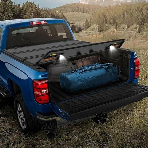 غطاء تونيو رباعي الطي من OSIAS لسيارة Ford F-150 بطول 5.5 قدم طراز 2015-2026 - غطاء سرير شاحنة من الألومنيوم مقاوم للماء مع ضوء LED، أسود لامع شديد التحمل in Kuwait