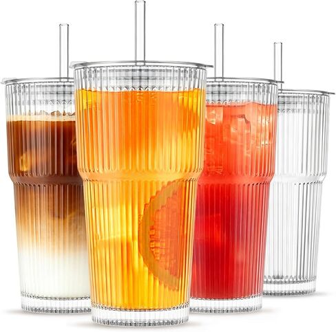 INSETLAN 20 oz Ribbed Glass Tumblers with Lids and Glass Straws – 4-Piece Glassware Set, Thickened Glass, Ideal for Iced Coffee, Smoothies, Cocktails, and Juices – Elegant and Durable Drinkware in Saudi Arabia