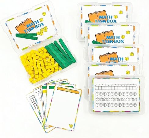 Math Task Boxes Set of 5 Math Manipulatives Themes 230+ Pieces of Number Rods, Base Ten Blocks, Ten Frame Disc Counters, Place Value Blocks, 0-9 Numbers, 3D Shapes, Counting Blocks Activity Cards in Saudi Arabia