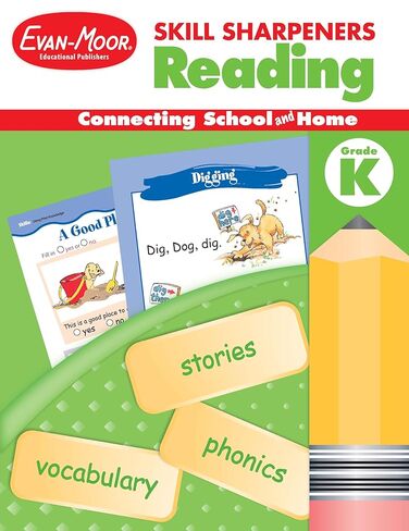 Evan-Moor Skill Sharpeners Reading Workbook, Kindergarten, Vocabulary, Comprehension, Phonics, Word Family, Sequencing, Beginning Sounds, Matching Words and Pictures, Cut and Paste, Homeschool in Kuwait