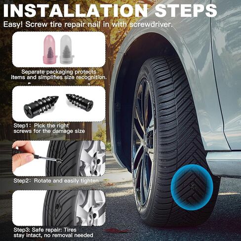 [2026 Upgraded] 30pcs Tire Repair Rubber Nail, Vacuum Tire Repair Screw Plug Kit, Self-Service Quick Tire Plug for Car, Motorcycle, Lawn Mower, ATV, Scooter- Professional No-Glue Emergency Flat Repair in Saudi Arabia