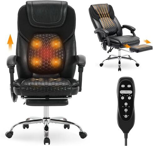 MALOL Massage Office Chair with Heat and Footrest - 3-Level 65°C Targeted Heating, 20-Min Easy Assembly Leather Desk Chair, Big and Tall Executive Computer Chair with Side Pocket, 300 lbs, Black in Saudi Arabia
