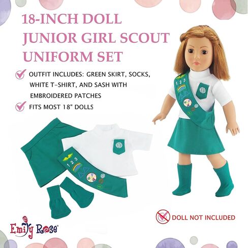إميلي روز 18 بوصة ملابس الدمية Jr Junior Girl Scout 18 بوصة ملابس الدمية الزي الموحد | مرخصة رسميًا من قبل فتيات الكشافة في الولايات المتحدة الأمريكية | الأعمال الأمريكية | خياطة مزدوجة معززة in Kuwait