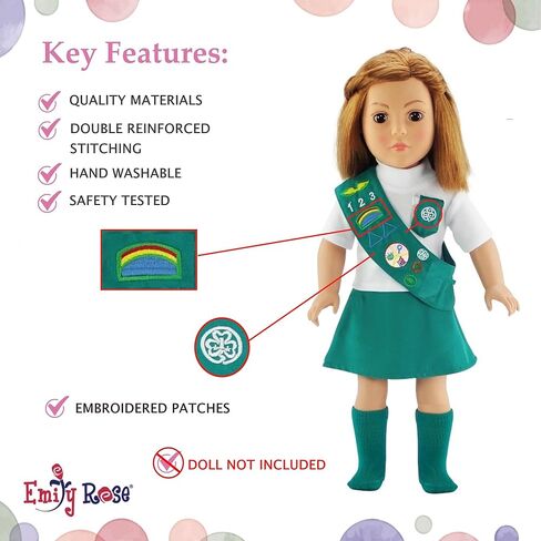إميلي روز 18 بوصة ملابس الدمية Jr Junior Girl Scout 18 بوصة ملابس الدمية الزي الموحد | مرخصة رسميًا من قبل فتيات الكشافة في الولايات المتحدة الأمريكية | الأعمال الأمريكية | خياطة مزدوجة معززة in Kuwait