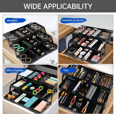 3 Tier Drawer Organizer for Desk, Multi-Functional Three Tier Storage Drawers for Office Supplies, Makeup, Bathroom Essentials & Craft Accessories, Space-Saving Storage Box(1 Row 3 Tier-Black) in Saudi Arabia