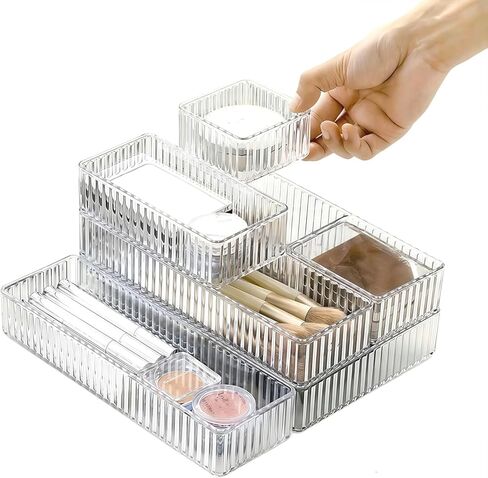Makeup Drawer Organizer Bins Set - 7 PCS 4-Size Clear Bathroom Drawer Organizers Trays, Desk Junk Vanity Drawer Organizer Storage, Kitchen Utensils, Bathroom, Jewelries and Office in Saudi Arabia