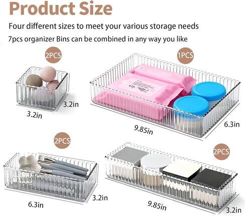 Makeup Drawer Organizer Bins Set - 7 PCS 4-Size Clear Bathroom Drawer Organizers Trays, Desk Junk Vanity Drawer Organizer Storage, Kitchen Utensils, Bathroom, Jewelries and Office in Saudi Arabia