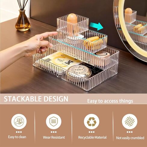 Makeup Drawer Organizer Bins Set - 7 PCS 4-Size Clear Bathroom Drawer Organizers Trays, Desk Junk Vanity Drawer Organizer Storage, Kitchen Utensils, Bathroom, Jewelries and Office in Saudi Arabia