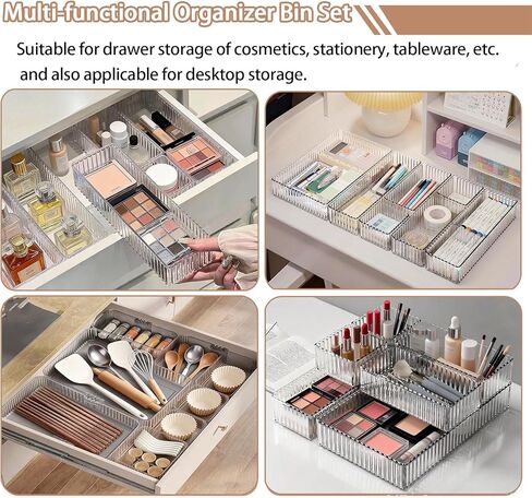 Makeup Drawer Organizer Bins Set - 7 PCS 4-Size Clear Bathroom Drawer Organizers Trays, Desk Junk Vanity Drawer Organizer Storage, Kitchen Utensils, Bathroom, Jewelries and Office in Saudi Arabia