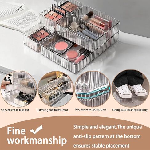Makeup Drawer Organizer Bins Set - 7 PCS 4-Size Clear Bathroom Drawer Organizers Trays, Desk Junk Vanity Drawer Organizer Storage, Kitchen Utensils, Bathroom, Jewelries and Office in Saudi Arabia