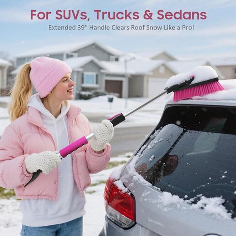 YeewayVeh فرشاة ثلج وكاشطات ثلج للزجاج الأمامي للسيارة مقاس 39 بوصة، رأس فرشاة محورية 360 درجة مع قبضة إسفنجية مريحة، فرشاة ثلج مكشطة سيارة قابلة للتمديد 3 في 1 لسيارات السيدان وشاحنات الدفع الرباعي، وردي (مفرد) in Kuwait