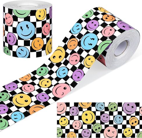 Zonon 65 Feet Smile Face Bulletin Board Borders Decorations for Classroom Straight Die Cut Border Trim Rolled Black and White Checkered Chalkboard Trim for Back to School Blackboard Desk Decor in Kuwait