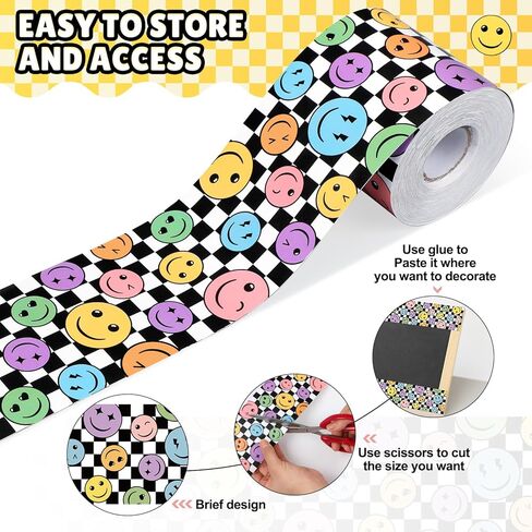 Zonon 65 Feet Smile Face Bulletin Board Borders Decorations for Classroom Straight Die Cut Border Trim Rolled Black and White Checkered Chalkboard Trim for Back to School Blackboard Desk Decor in Kuwait