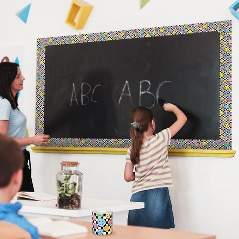Zonon 65 Feet Smile Face Bulletin Board Borders Decorations for Classroom Straight Die Cut Border Trim Rolled Black and White Checkered Chalkboard Trim for Back to School Blackboard Desk Decor in Kuwait