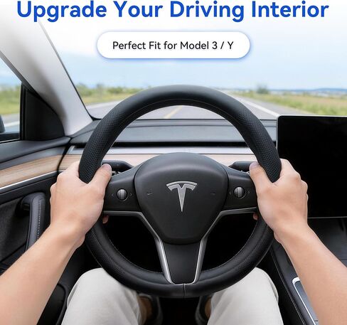 Steering Wheel Cover Fits Model 3 2019-2025/Model Y 2020-2026, Leather Steering Wheel Protector Compatible with Tesla, Non-Slip Soft-Touch Breathable Round Cover for Car Steering Wheel in Saudi Arabia