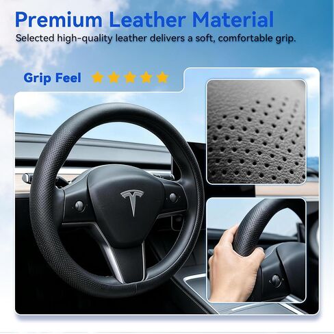Steering Wheel Cover Fits Model 3 2019-2025/Model Y 2020-2026, Leather Steering Wheel Protector Compatible with Tesla, Non-Slip Soft-Touch Breathable Round Cover for Car Steering Wheel in Saudi Arabia