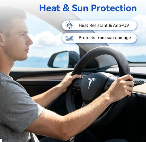 Steering Wheel Cover Fits Model 3 2019-2025/Model Y 2020-2026, Leather Steering Wheel Protector Compatible with Tesla, Non-Slip Soft-Touch Breathable Round Cover for Car Steering Wheel in Saudi Arabia