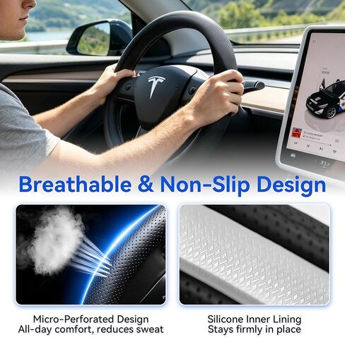 Steering Wheel Cover Fits Model 3 2019-2025/Model Y 2020-2026, Leather Steering Wheel Protector Compatible with Tesla, Non-Slip Soft-Touch Breathable Round Cover for Car Steering Wheel in Saudi Arabia