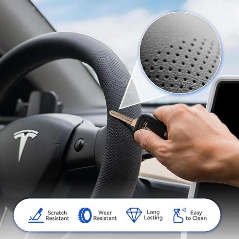 Steering Wheel Cover Fits Model 3 2019-2025/Model Y 2020-2026, Leather Steering Wheel Protector Compatible with Tesla, Non-Slip Soft-Touch Breathable Round Cover for Car Steering Wheel in Saudi Arabia