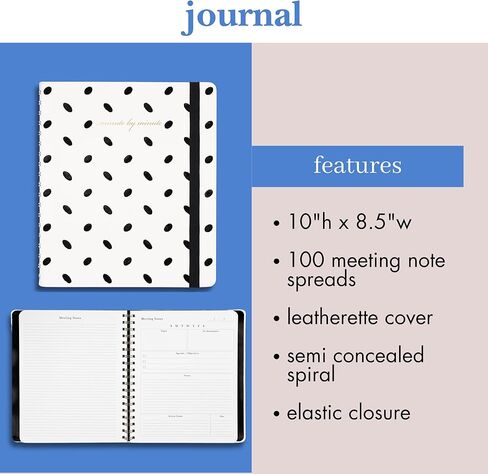 kate spade new york Meeting Notes Journal, 10" x 8.5" Spiral Notebook with 100 Entries, Leatherette Cover, Elastic Closure, Work Organizer for Notes, Objectives & Action Items (Almond Dot) in Kuwait