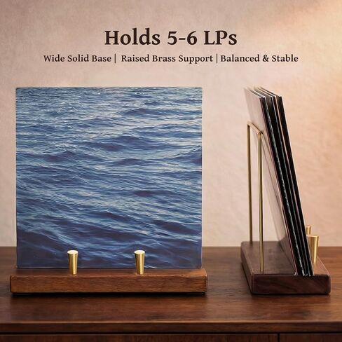 Solid Black Walnut Vinyl Record Holder with Brass Frame – Heavy Duty LP Album Display Stand, Tabletop Record Storage Rack Holds Up to 6 Records in Saudi Arabia