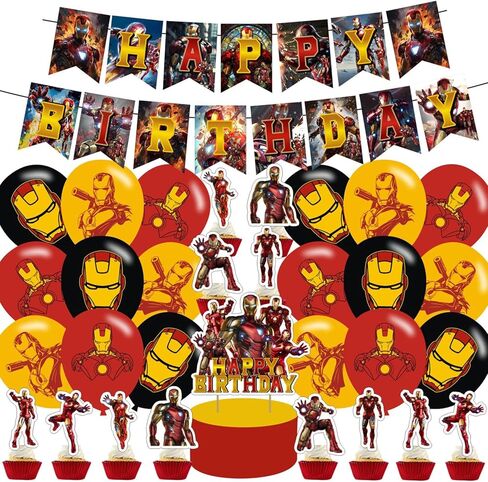 PINUO 𝓘𝓻𝓸𝓷 𝓜𝓪𝓷 Birthday Party Decorations,Iron Hero Party Supplies Includes Cartoon Iron Hero Birthday Banner Balloons Cupcake Toppers Cake Topper Party Favors in Saudi Arabia