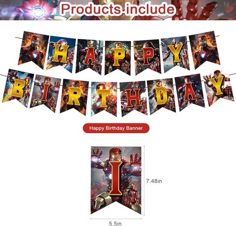 PINUO 𝓘𝓻𝓸𝓷 𝓜𝓪𝓷 Birthday Party Decorations,Iron Hero Party Supplies Includes Cartoon Iron Hero Birthday Banner Balloons Cupcake Toppers Cake Topper Party Favors in Saudi Arabia