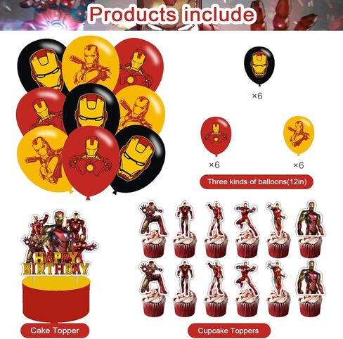 PINUO 𝓘𝓻𝓸𝓷 𝓜𝓪𝓷 Birthday Party Decorations,Iron Hero Party Supplies Includes Cartoon Iron Hero Birthday Banner Balloons Cupcake Toppers Cake Topper Party Favors in Saudi Arabia