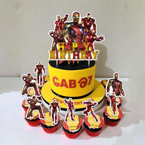 PINUO 𝓘𝓻𝓸𝓷 𝓜𝓪𝓷 Birthday Party Decorations,Iron Hero Party Supplies Includes Cartoon Iron Hero Birthday Banner Balloons Cupcake Toppers Cake Topper Party Favors in Saudi Arabia
