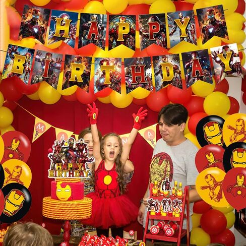 PINUO 𝓘𝓻𝓸𝓷 𝓜𝓪𝓷 Birthday Party Decorations,Iron Hero Party Supplies Includes Cartoon Iron Hero Birthday Banner Balloons Cupcake Toppers Cake Topper Party Favors in Saudi Arabia